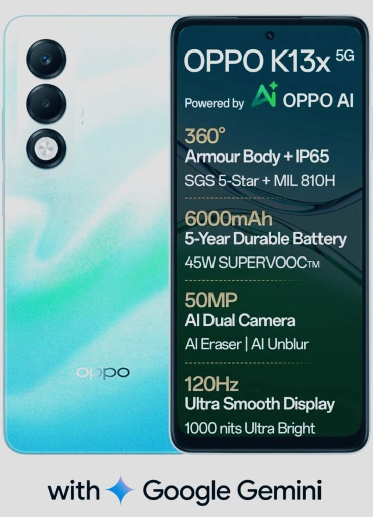OPPO K13x 5G with 6000mAh battery and 45W SUPERVOOC Charger & AI Features